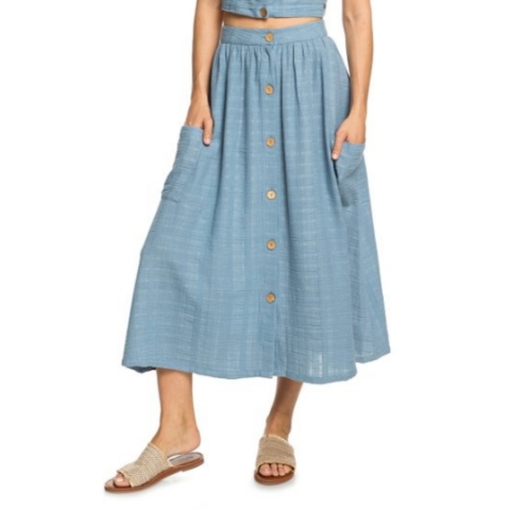 ROXY Feather Dance Midi Button Skirt With Pockets Blue Small
